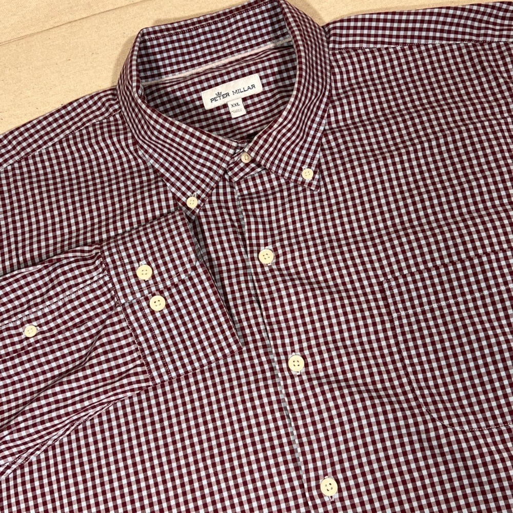 Peter Millar Mens XXL Blue/Burgundy Gingham Shirt Cotton Silk Blend Stretch